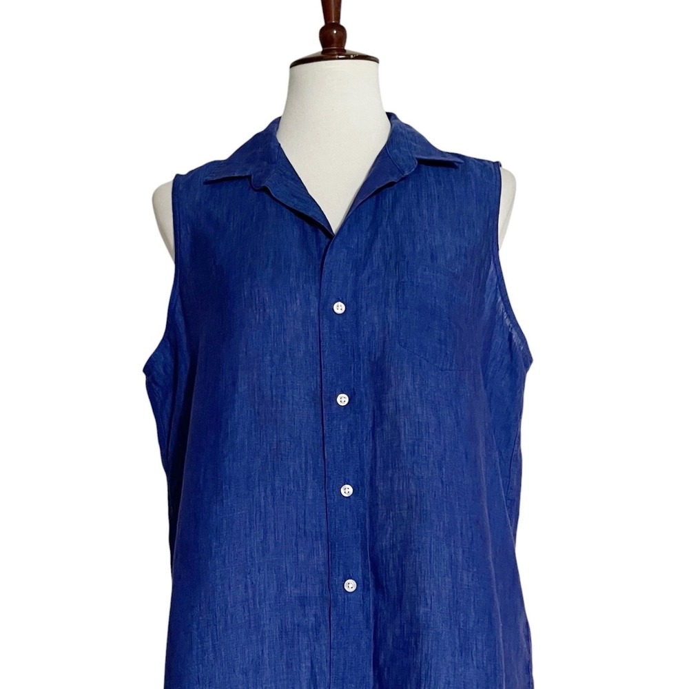 Frank & Eileen Fiona Royal Blue 100% Linen Sleeveless Button Up Shirt Large - Picture 7 of 13